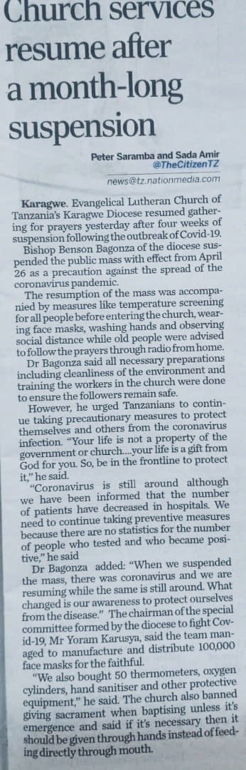 News article around churches resuming after month-long suspension 